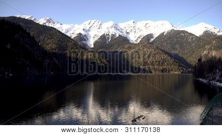 Sunset On An Alpine Lake Ritsa In Spring. Abkhazia. Timelapse