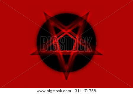 Reversed Pentagram Symbol. Wiccan Symbols- Cross Of Sulfur. Blood Red Runic Spell Circle. Satanic Si