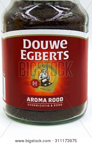 Amsterdam, The Netherlands - July 13, 2019: Label Of Douwe Egberts Aroma Rood Instant Coffee.