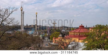 Stockholm, Sweden - April 30, 2019: View Of The Amusement Park Grona Lund In Djurgarden And The Circ