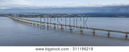 Aerial View Of The Severn Bridge Near Bristol, United Kingdom,