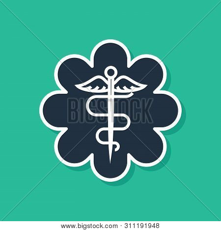 Blue Emergency Star - Medical Symbol Caduceus Snake With Stick Icon Isolated On Green Background. St