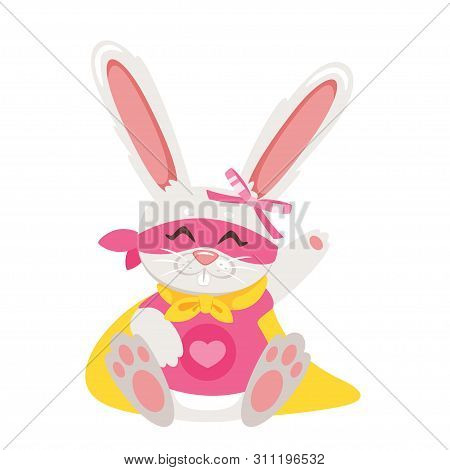 Bunny, Rabbit Cute Cuddly Toy Flat Vector Illustration. Adorable Fluffy, Soft Superhero Cartoon Char