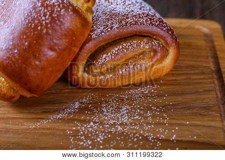 Sweet Soft Buns. Puff Bun With Cherry Jam. Bakery, Close Up