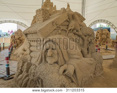 Sculptures Of Characters Russian Fairy Tales Made From Sand. Russia Sochi 06 22 2019