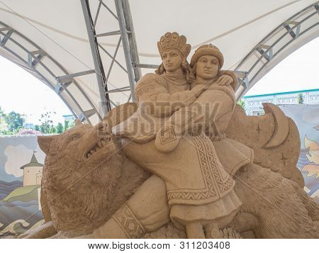 Sculptures Of Characters Russian Fairy Tales Made From Sand. Russia Sochi 06 22 2019