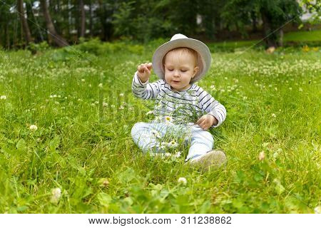 Toddler In The Hat Of An Adult With A Bouquet Of Camomiles Sitting In The Grass On A Glade Of Summer