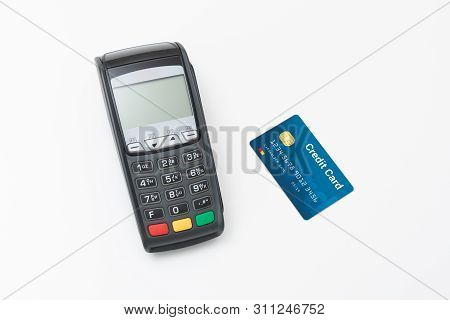 Credit Card Terminal On White Background. Close Up Of Payment Device, Card Machine.