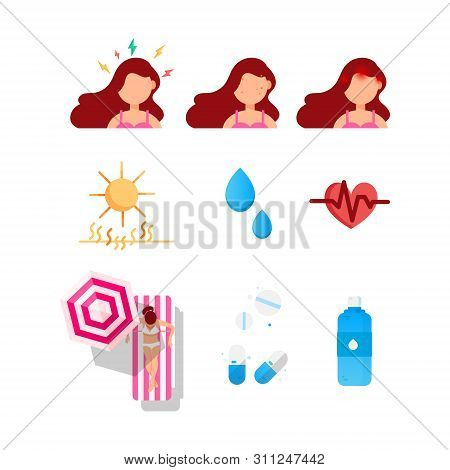 Summer Skin Protection Icons Of Girl With A Headache, Stress And Acne. Sun And Exposure To Sunlight.