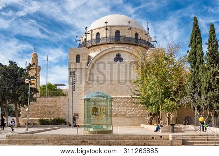 Jerusalem, Israel - November 21, 2018: The Hurva Synagogue in Jewish quarter, Old City of Jerusalem in Israel