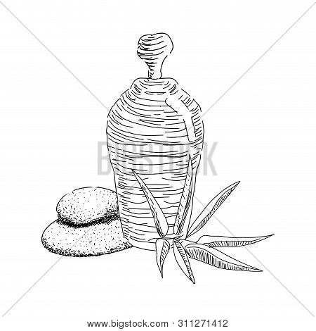 Sketch Of Spa Objects. Pile Of Stones, Leaves And Body Cream Bottle - Vector