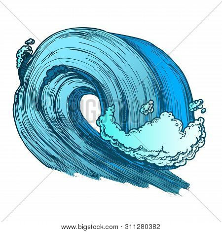 Breaking Tropical Sea Marine Wave Storm Vector. Giant Foamy Water Wave Tunnel For Coastline Extreme 