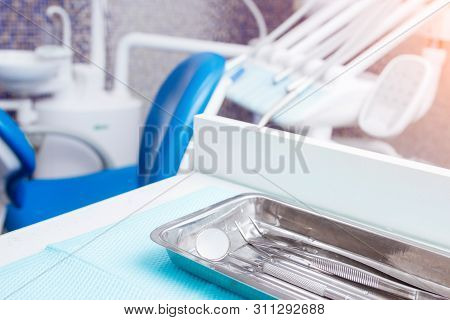 Equipment And Dental Instruments In Dentists Office. Tools Close-up