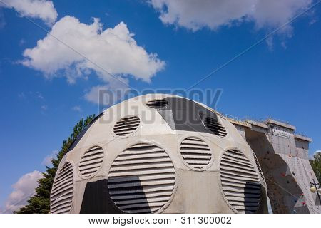 Kharkiv, Ukraine, July, 2019 Football Ball Installation Near Sport Complex And Stadium. City Landsca