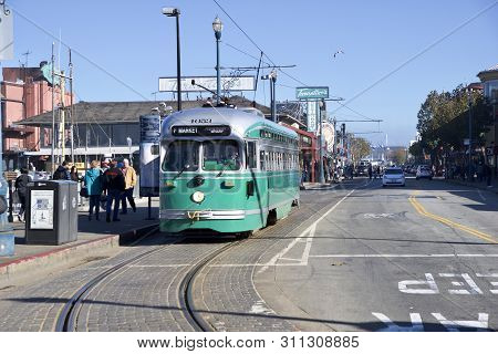 San Francisco, California, United States - Nov 25th, 2018: F-line Antique Pcc Streetcar No.1053 Broo