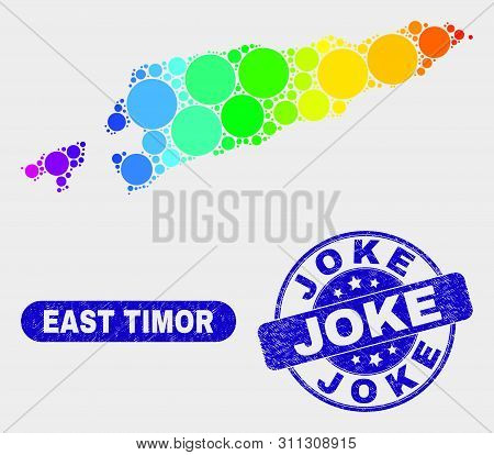 Spectrum Dotted East Timor Map And Stamps. Blue Round Joke Textured Seal Stamp. Gradiented Spectrum 