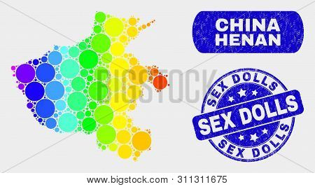 Rainbow Colored Spotted Henan Province Map And Stamps. Blue Rounded Sex Dolls Distress Stamp. Gradie