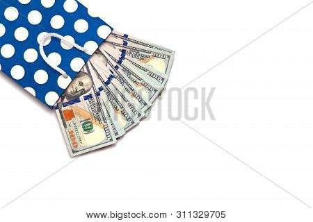 Isolated 100 Us Dollars Banknotes Bills Are Coming Out Of A Blue Paper Bag On White Background. Shop
