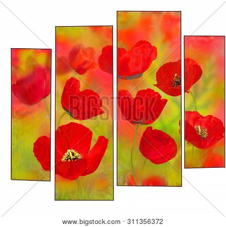Bright Red Flowers Filled The Spring Wallpaper Background On The Wall.modular Arrangement Of Colors 