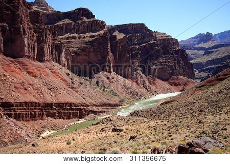 Hance Rapids And The Granite Gorge As Seen From The Tonto Trail Descending Toward The Rapids In Gran