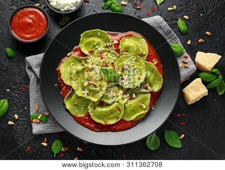 Italian Ravioli Pasta Stuffed With Basil Pesto, Creamy Ricotta And Crunchy Pine Nuts. Healthy Vegeta