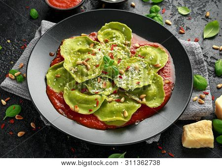 Italian Ravioli Pasta Stuffed With Basil Pesto, Creamy Ricotta And Crunchy Pine Nuts. Healthy Vegeta