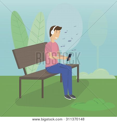 A Man Listens To Music In The Park. Vector Illustration