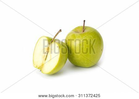 Green Apples On A White Background. Ripe Green Apples On An Isolated Background. Green Apples With G