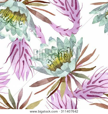 White Epiphillum Oxypetallim Floral Botanical Flowers. Watercolor Illustration Set. Seamless Backgro