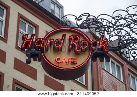 Munich, Germany - September 26, 2015: Sign Of The Hard Rock Cafe In Munich, The Logo Stands For The 