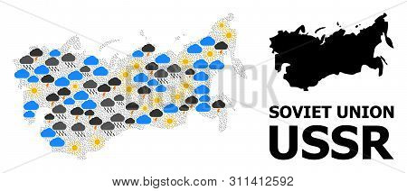 Weather Pattern Vector Map Of Ussr. Geographic Concept Map Of Ussr Is Created With Random Rain, Clou