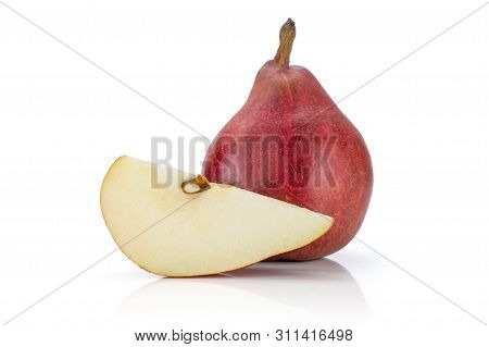 Group Of One Whole One Slice Of Fresh Dark Red Pear Anjou Isolated On White Background