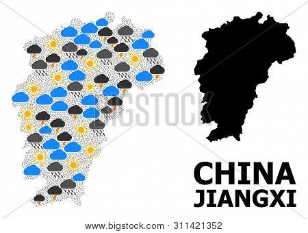 Climate Collage Vector Map Of Jiangxi Province. Geographic Collage Map Of Jiangxi Province Is Design