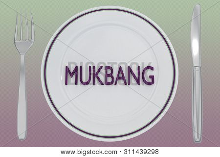 3d Illustration Of Mukbang Title On A White Plate, Along With Silver Knif And Fork, On A Colored Gra