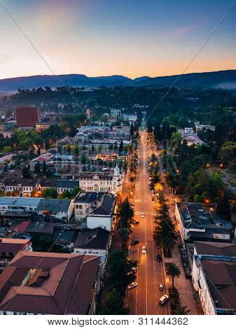 Evening Resort Town Sukhum, Abkhazia Aerial View From Drone.