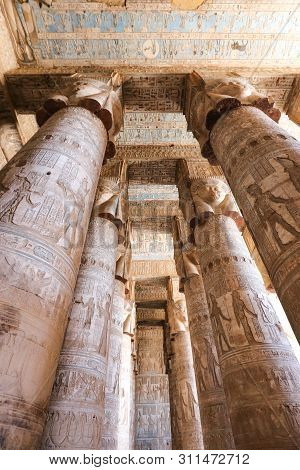 Columns In Denderah Temple, Qena, Egypt