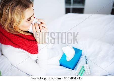 Flu And Sick Woman. Sick Woman Using Paper Tissue, Head Cold Problem