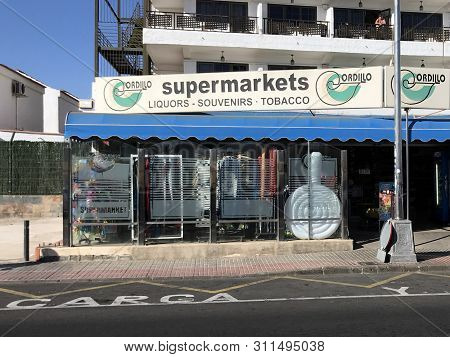 Maspalomas, Gran Canaria, Spain - January 2, 2019: Entrance Of A Gordillo Supermarket.