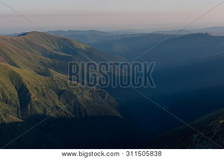 Sunset, Mountain Landscape In The Carpathian Mountains, Fagaras, Romania, Outdoors
