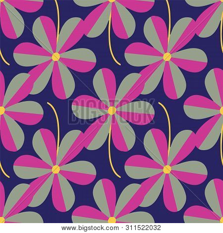 Vector Stylized Flowers Seamless Pattern Repeat On Dark Blue Background.