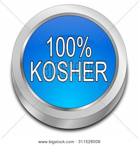 Blue 100% Kosher Button On White Background - 3d Illustration