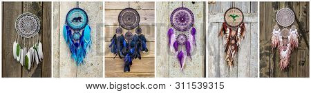 Collage Of Handmade Dream Catcher With Feathers Threads And Beads Rope Hanging
