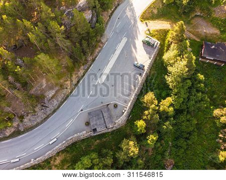 Aerial View. Parking Area With Cars At Stegastein Viewpoint, Road Aurlandsfjellet, Norway Scandinavi
