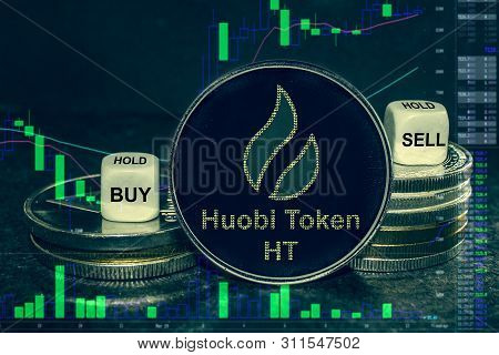 The Coin Cryptocurrency Huobi Token Ht Stack Of Coins And Dice. Exchange Chart To Buy, Sell, Hold.