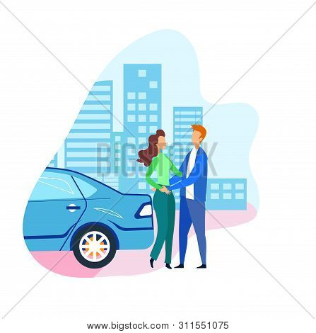 Man And Woman Arrived On Date By Self Driving Car. Couple In Love Hugging Stands On City Street. Peo