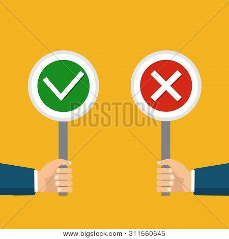 Vector Illustration. The Concept Of Choice, The Right Choice And A Wrong Decision.