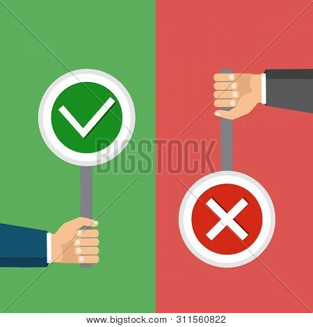 Vector Illustration. The Concept Of Choice, The Right Choice And A Wrong Decision.