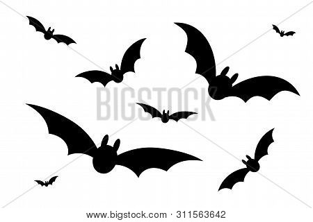 Bats Icon Set. Bat Black Silhouette With Wings Isolated White Background. Symbol Halloween Holiday, 