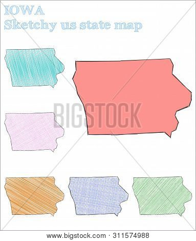 Iowa Sketchy Us State. Fancy Hand Drawn Illustration. Likable Childish Style Icon.