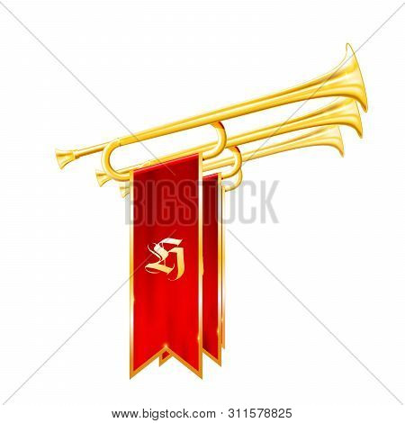 Vintage Trumpets Or Bugles With Flags - Fanfare Of Triumph, Symbol Of Glory